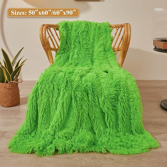XeGe Luxury Faux Fur Blanket, Lime Green Soft Big Fluffy Throw, Shaggy Plush Decorative Couch Blanket, Cute Furry Fuzzy Bed Throw for Bedroom Living Room, Lime Green, 60x90-Ruum Studio Home