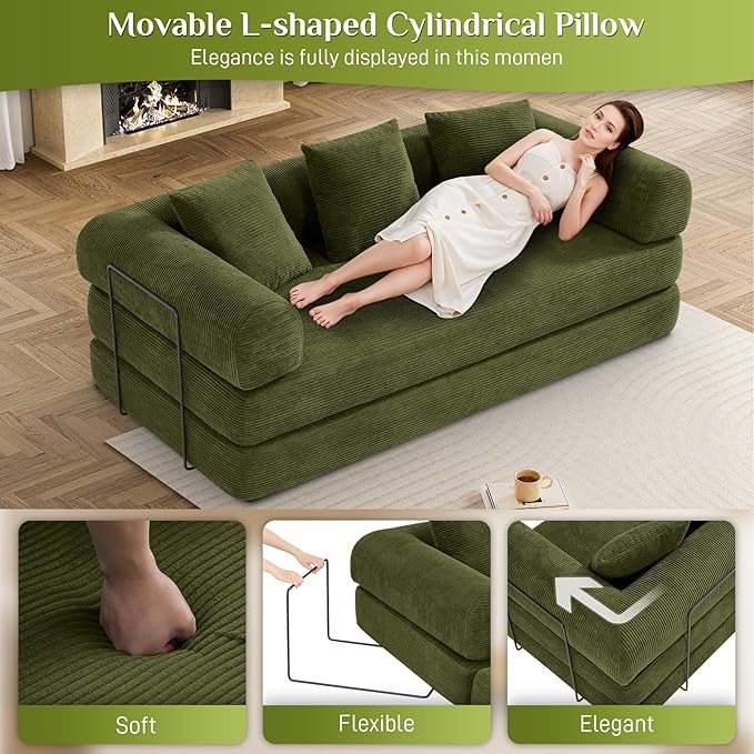 80.3" Convertible Sleeper Sofa Bed with Cylindrical Pillow, Corduroy Folding Mattress Couch with Fixed-Shape Frame, Modular Floor Sofa Lounge Couch for Living Room Bedroom Lounge, Green-Ruum Studio Home