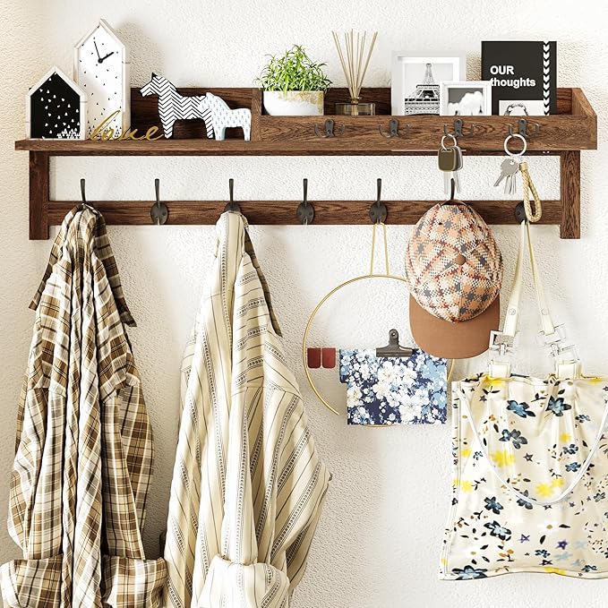 AMBIRD Coat Rack Wall Mount, 35 inch Large Wall Hooks with Shelf, Entryway Shelf with 7 Dual Coat Hooks 4 Key Hooks Mail Organizer, Wooden Coat Hanger and Key Holder Wall Mount-Ruum Studio Home