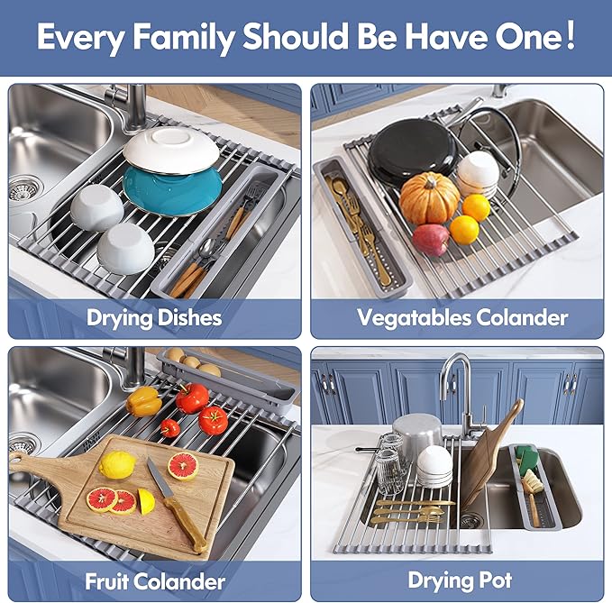 Over The Sink Dish Drying Rack for Kitchen, Expandable (12.8"-23.8" D x 15.5" W) Roll Up Dish Drainer with The Function of Fordable, Rust Proof, Large Sink Cover with Removable Utensil Holder-Ruum Studio Home