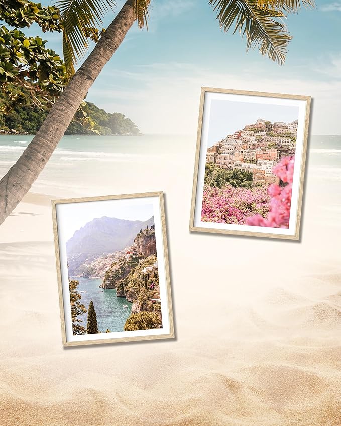 HesenDot Natural OAK Wood Framed Italy Coastal Wall Art,12x16in Amalfi Coast Canvas Wall Print,Positano Seascape Boho Poster Wall Decor for Living Room,Bedroom,Office Gallery Set of 1-Ruum Studio Home