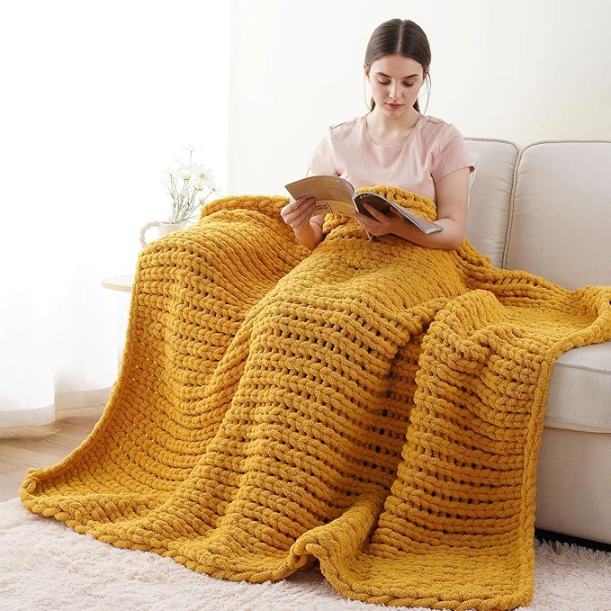 Battilo Chunky Knit Throw Blanket, Soft and Thick Chenille Throw Blanket, 50"x60" Handmade Cable Knit Crochet Blanket, Large Rope Knot Throw Blankets for Couch Sofa Bed Home Decor, Mustard-Ruum Studio Home