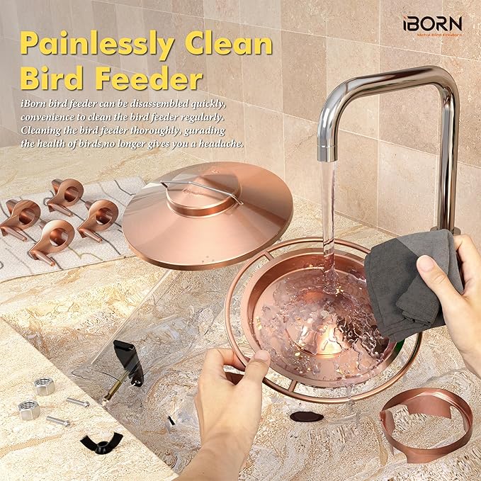 iBorn Bird Feeders for Outdoors, 2LB Metal Bird Feeders 17cm Large Roof &Tray, 4 Feeding Ports, Brushed Copper Finishing-Ruum Studio Home