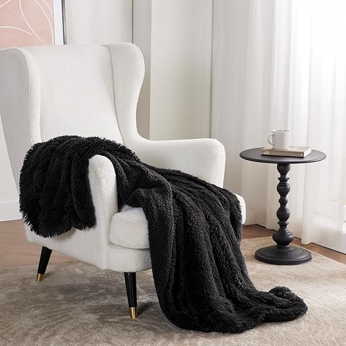 Bedsure GentleSoft Fuzzy Sherpa Faux Fur Twin Blanket Black Cozy Gifts for Women Men, Soft Fleece Plush Warm Minky Thick Blanket Twin Size for Bed, Couch, Dorm Essentials Black Decor Gifts, 60x80-Ruum Studio Home