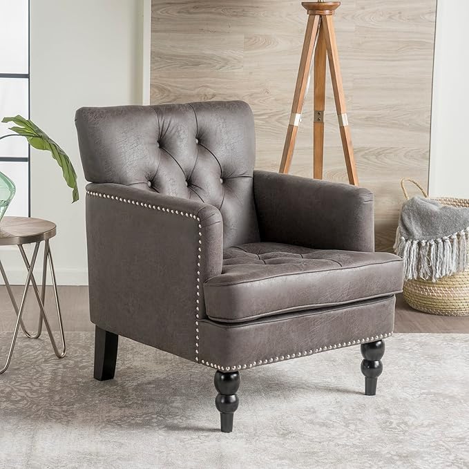Christopher Knight Home GDFStudio Medford Brown Tufted Club Chair, Fabric Accent Chair with Studded Nailhead Accents-Ruum Studio Home