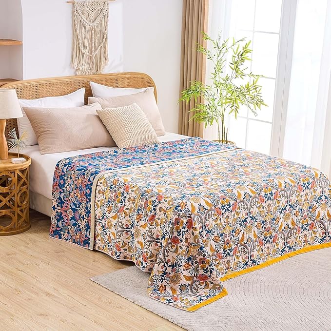 Boho Blanket Throw Quilt, 100% Cotton Soft Light Weight Throw Blankets for Summer, 50"x60" Farmhouse Flower Decorative Blankets, All Season Rustic Reversible Bohemian Throw Quilt-Ruum Studio Home