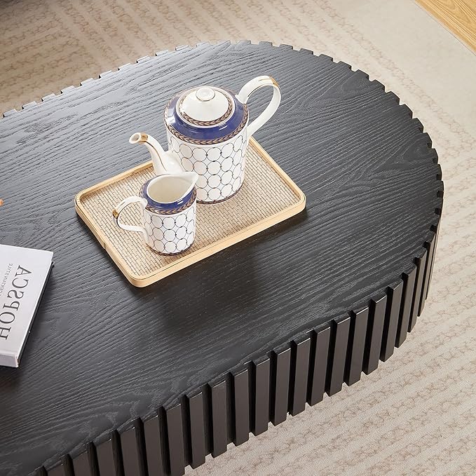 43.7" Oval Coffee Table for Living Room,Modern Handcraft Drum Coffee TableSmall Wooden Coffee Table with Sturdy Pedestal Easy Assembly for Office-Black-Ruum Studio Home