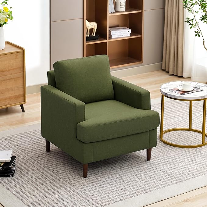 Mid-Century Accent Chair,Modern Linen Fabric Armchair for Living Room,Comfy Upholstered Reading Accent Chairs for Bedroom,Single Sofa Chair with Wood Legs (Green, 1 Pack)-Ruum Studio Home
