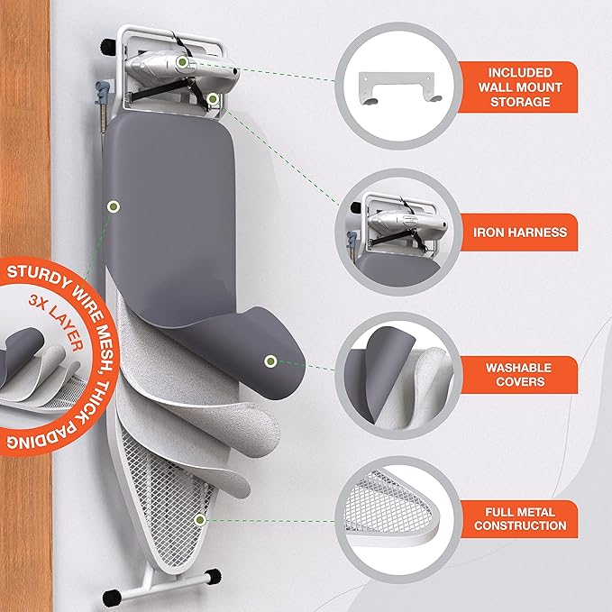 Xabitat Full Size Ironing Board 57" X 15" with Wall Mount Hanger, Full Metal Construction Iron Board, Built in Iron Caddy, Heat & Scorch Resistant Fabric, Cord Holder, Anti-Skid Feet, Heavy Duty-Ruum Studio Home