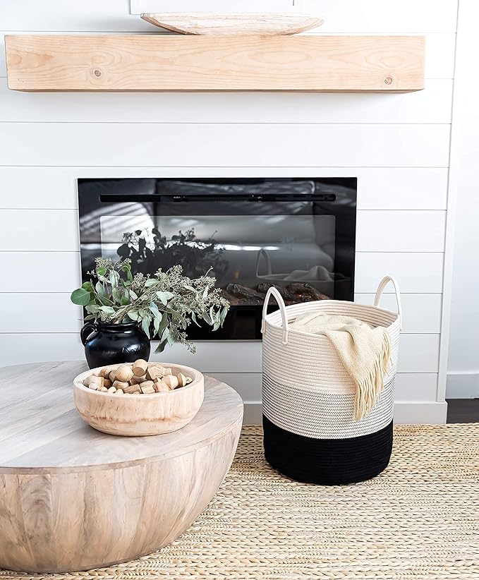 OrganiHaus Black & White Blanket Storage Basket for Living Room 15x18, Woven Nursery Hamper Basket, Large Toy Basket Storage for Kids, Laundry Hamper, Baby Laundry Basket, Cute Cotton Rope Basket-Ruum Studio Home