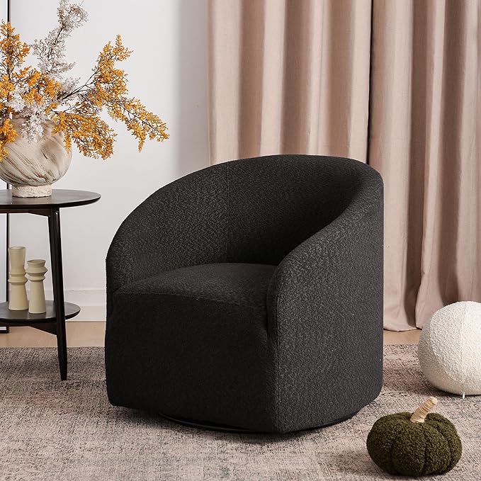KINWELL 32" Wide Modern Boucle Swivel Barrel Chair, No Assembly Round Upholstered Swivel Accent Armchair for Living Room, Bedroom, Office (Black)-Ruum Studio Home