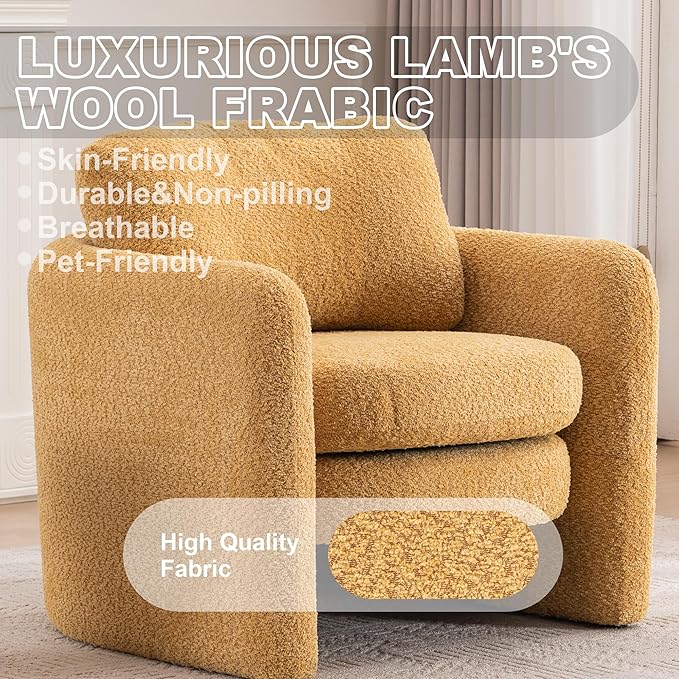 Chenille Accent Armchair Oversize Upholstered Barrel Comfy Modern Round Lounge Sofa Chair with Pillow Cozy Reading Chairs for Apartment,Office,Living Room,Dining,Makeup,Club,Yellow-Ruum Studio Home