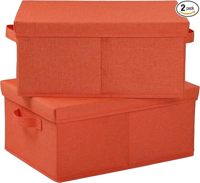 HOONEX Storage Bins with Lids for Organizing, Pack of 2, Storage Boxes with 2 Carrying Handles and Sturdy Heavy Cardboard, 16.5" L x 11.8" W x 7.5" H for Shoes, Books, Clothes, Nursery, Orange-Ruum Studio Home
