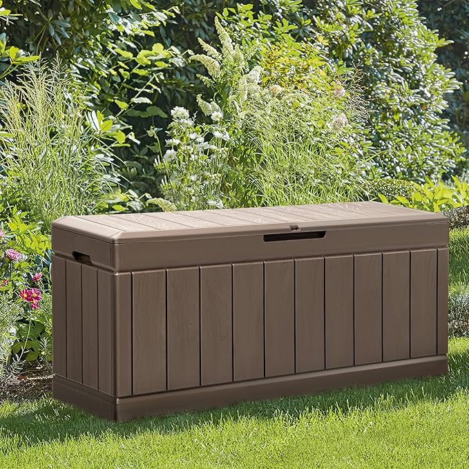 JUMMICO 83 Gallon Outdoor Deck Box Large Resin Storage Box for Patio Furniture Cushions and Garden Tools (Khaki)-Ruum Studio Home