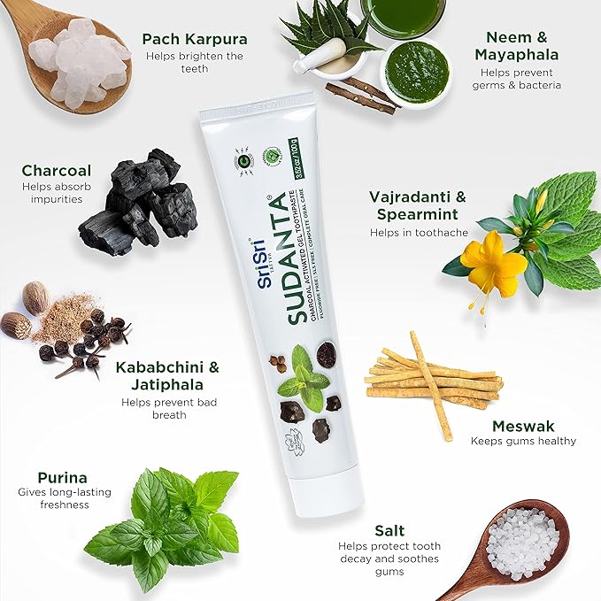 Sri Sri Tattva Sudanta Charcoal Toothpaste Gel – SLS, Fluoride Free Herbal Toothpaste with Neem & Ayurvedic Herbs – Natural Teeth Whitening, Fresh Breath, Oral & Gum Health – 100g Tube (Pack of 3)-Ruum Studio Home