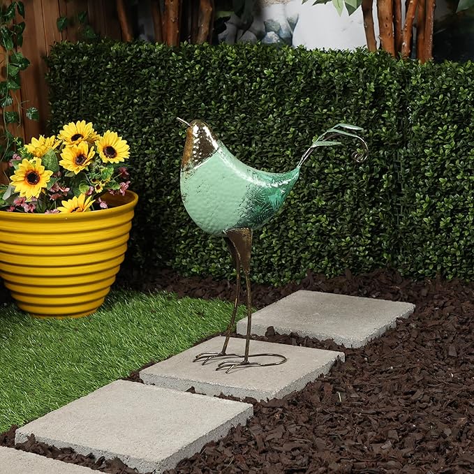 Alpine Corporation MCC704 Chin-Up Metal Bird Outdoor Décor Statue, Whimsical Animal Décor for Patio & Garden, 20" H, Green-Ruum Studio Home