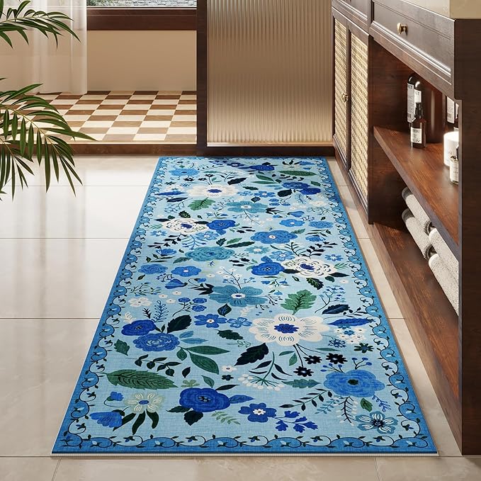 Runner Rug for Hallways Kitchen Rug Non Slip 2'6''x8' Washable Runner Rugs with Rubber Backing Soft Floral Carpet Runner for Hallways, Kitchen, Laundry, Bedroom, Bathroom(Blue)-Ruum Studio Home
