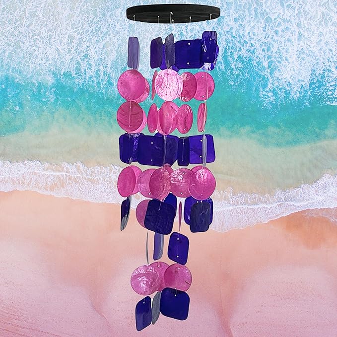 Bellaa 24841 Wind Chimes Outdoor, Garden Decorations, Musical, Indoor/Outside Windchimes, Beach, Ocean Breeze, Gifts for Mom, Gift for All Occasions, Capiz Sea Glass Shells Wood Pink Purple-Ruum Studio Home
