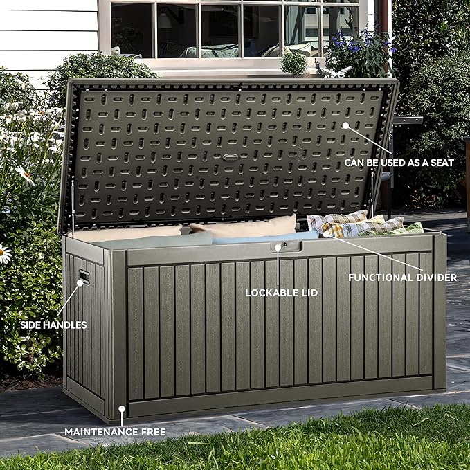 YITAHOME 260 Gallon Extra Large Deck Box, Double-Wall Resin Outdoor Storage Box with Flexible Divider for Patio Cushions Garden Tools, 1000lbs Load Capacity, Lockable & Waterproof (Light Brown)-Ruum Studio Home