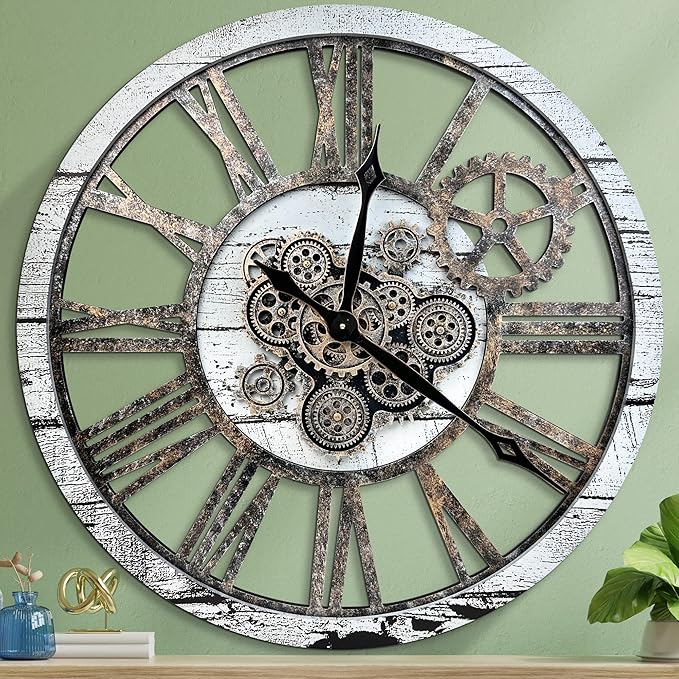 HOIBAI Large Wall Clock Clocks for Living Room Decor Oversized 30 Inch Wall Decor Farmhouse Vintage Rustic Industrial Roman Big Chic Home Decor Wall Clock for House Bedroom, Moving Gears Clock-Ruum Studio Home