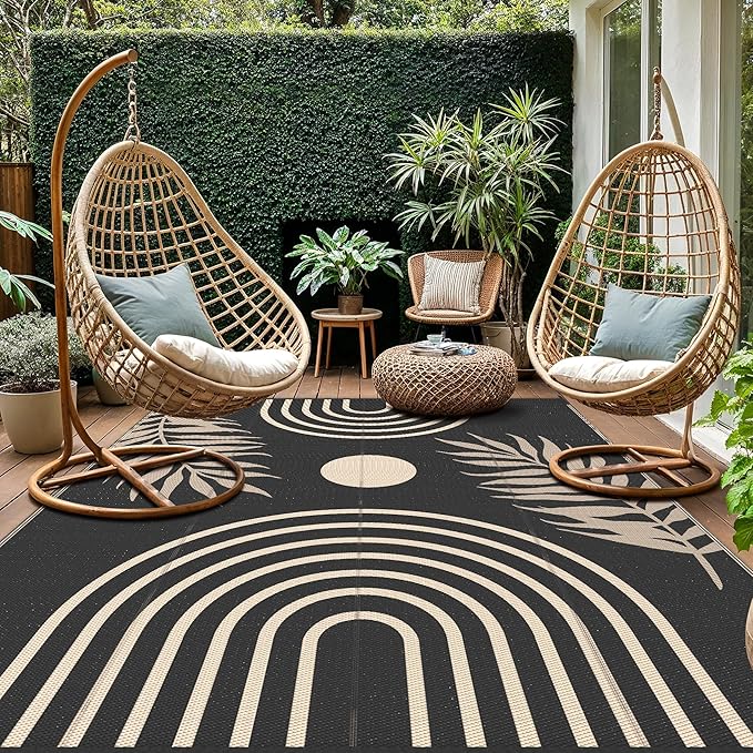 GENIMO Outdoor Rug 8' x 10' Waterproof for Patio Clearance, Reversible Lightweight Plastic Straw Camping Carpet, Large Area Rugs Mats for Rv, Backyard, Deck, Porch, Picnic, Balcony, Mix-Black & Beige-Ruum Studio Home