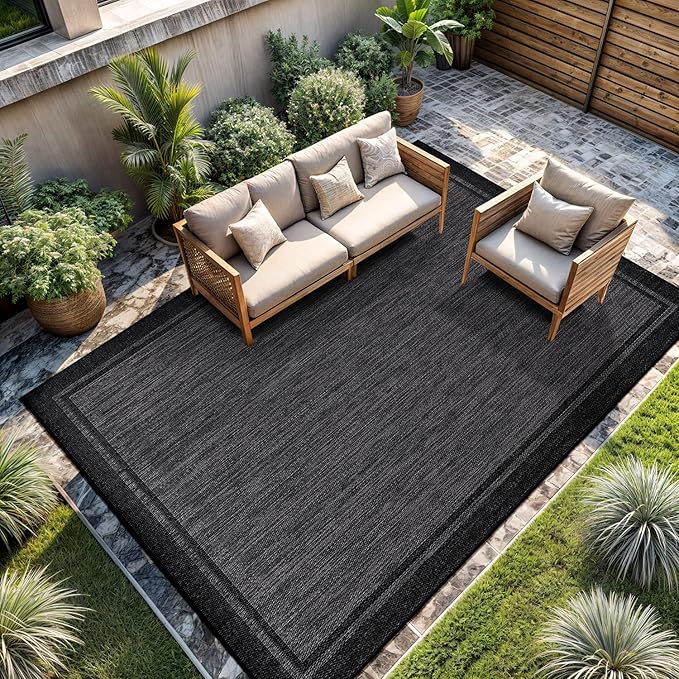 CAMILSON Indoor Outdoor Rug, 8x10 Bordered Dark Gray Black Modern Area Rugs for Indoor and Outdoor Patios, Kitchen and Hallway Mats, Washable Porch Deck Outside Carpet (Bordered Black, 8 x 10)-Ruum Studio Home