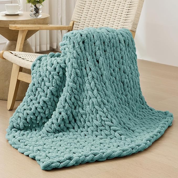 Bigacogo Chunky Knit Throw Blanket for Couch, 40x40 inches, 100% Hand Knitted with Thick Jumbo Chenille Yarn, Cozy Soft Large Rope Knot Cable Crochet Blankets for Sofa Bed Living Room, Light Teal-Ruum Studio Home