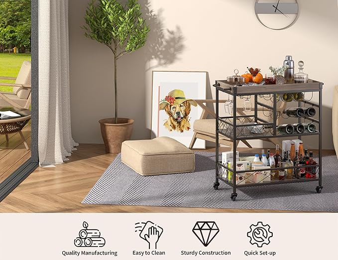 Gizoon Rolling Bar Cart, a Versatile Beverage Cart with a Removable Tray, 12-Bottle Wine Rack, and Glass Holder, The Bar Cart is Perfect for Kitchen, Dining Room, or Outdoor Use (Gray)-Ruum Studio Home