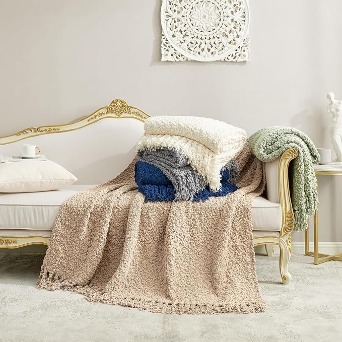 Amélie Home Knit Throw Blanket with Tassels for Couch, Luxury Boho Throw Blanket for Summer Ivory, 50"x60"-Ruum Studio Home