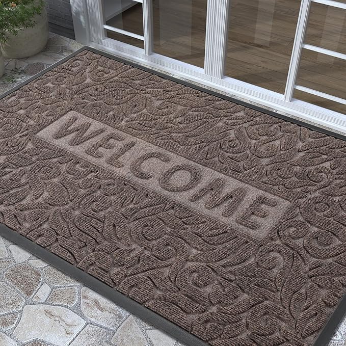 Yimobra Welcome Front Door Mat Outdoor, Heavy Duty Sturdy Non Slip Doormats, Rubber Backing, Low-Profile Entrance Rugs, Absorbent Resist Dirt, Easy Clean Patio Garage Floor Mats, 60X36 Inch, Brown-Ruum Studio Home