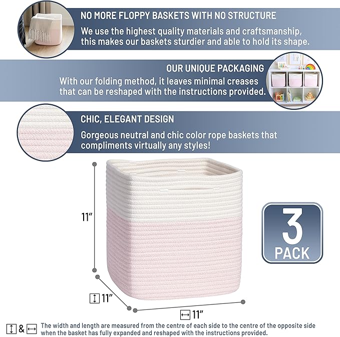 NaturalCozy Storage Cubes 11 Inch Cotton Rope Woven Baskets for Organizing, 3-Pack | Cube Storage Bin | Square Storage Baskets for Shelves Organizer, Classroom, Kids Toy Bins, Closet, Baby Nursery-Ruum Studio Home