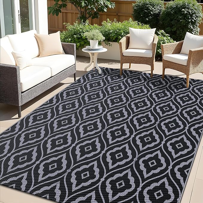 OLANLY Outdoor Rug 9x12 ft Waterproof, Outdoor Plastic Straw Rug with Geometric Pattern Clearance, Reversible RV Mat for Patio, Camping, Balcony, Deck, Backyard, Black & Grey-Ruum Studio Home