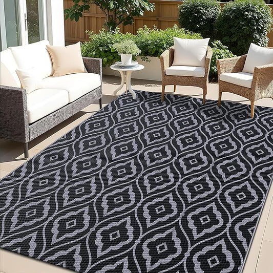 OLANLY Outdoor Rug 6x9 ft Waterproof, Outdoor Plastic Straw Rug with Geometric Pattern Clearance, Reversible RV Mat for Patio, Camping, Balcony, Deck, Backyard, Black & Grey-Ruum Studio Home