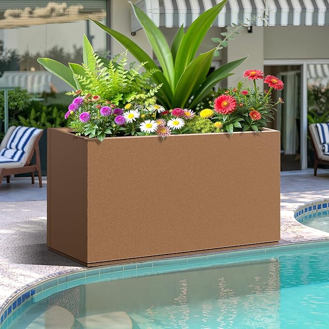 FENCY Metal Rectangular Planter Box, Large Planters for Outdoor Plants, Tall Planters for Outdoor Plants with Drainage Holes (32" L x 10" W x 16.3" H,Brown)-Ruum Studio Home