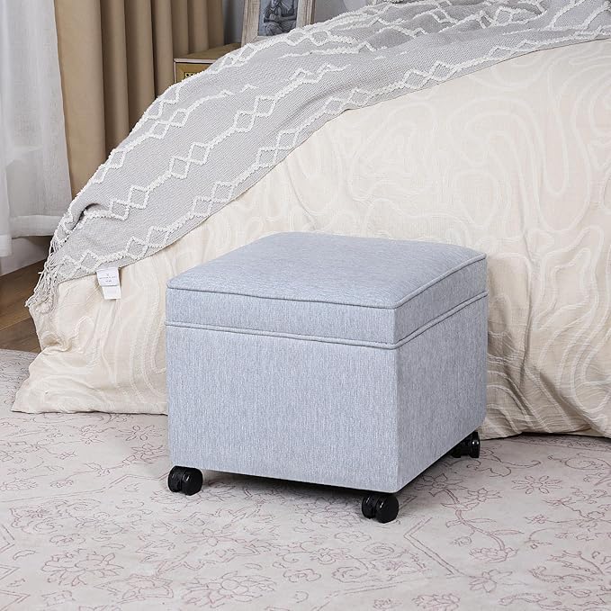 Adeco 17.5" Square Fabric Ottoman with Storage, Upholstered Cotton Linen Foot Rest, Flip Top Footstool, Small Cube Coffee Table Extra Seat for Living Room, Bedroom, Ice Blue with Rolling Legs-Ruum Studio Home