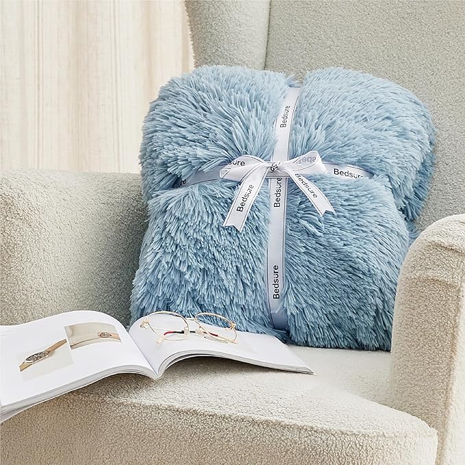 Bedsure GentleSoft Fluffy Light Blue Blankets Queen Size for Bed, Thick Sherpa Faux Fur Fleece Fuzzy Plush Winter Warm Soft Full Queen Blankets, Bedroom Decor Blue Cozy Gifts for Women Men, 90x90-Ruum Studio Home
