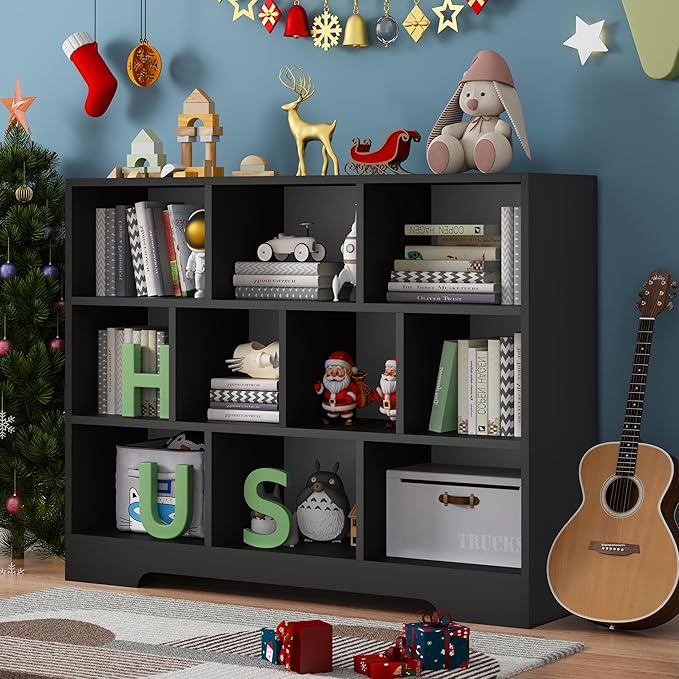 Book Shelf, 10 Cubes Storage Organizer, Freestanding Black Bookshelf Cube Shelf for Bedroom, Living Room, 3-Tier Open Bookshelf Wooden Bookcase-Ruum Studio Home