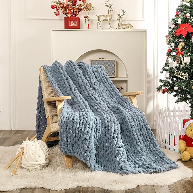 WESHIONGOO Chunky Knit Blanket Throw 50"×60" Knitted Throw Blankets for Couch Bed Fluffy Soft Blanket with Jumbo Chenille Yarn Thick 100% Handmade(Dusty Blue)-Ruum Studio Home