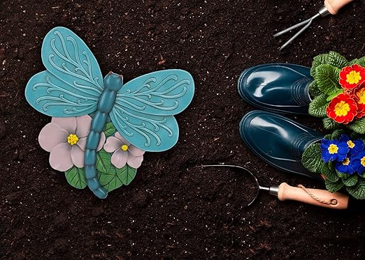 NAT & Jules Animal Character Shaped Dimensional Indoor Outdoor 11 inch Cast Resin Decorative Garden Stepping Stone, Patio, Walkway Sculpture Yard Art, Teal Blue Dragonfly-Ruum Studio Home
