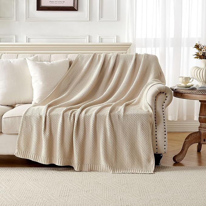 Joydeco Chunky Cable Knit Throw Blanket, Lightweight 100% Organic Cotton Soft Cozy Throw Twin Blanket for Couch Bed and Sofa, Rustic Breathable Farmhouse Blanket Gift for Women Men(Beige, 51"x63")-Ruum Studio Home