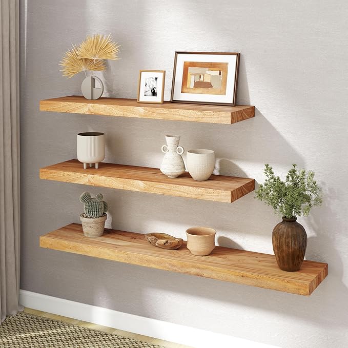 RICHFOCUS Elm Floating Shelves for Wall - 48" W x 9.3" D Rustic Solid Wood Shelves with Invisible Bracket, Wall-Mounted for Living Room, Bedroom, Kitchen Storage & Display, Set of 1, Natural-Ruum Studio Home