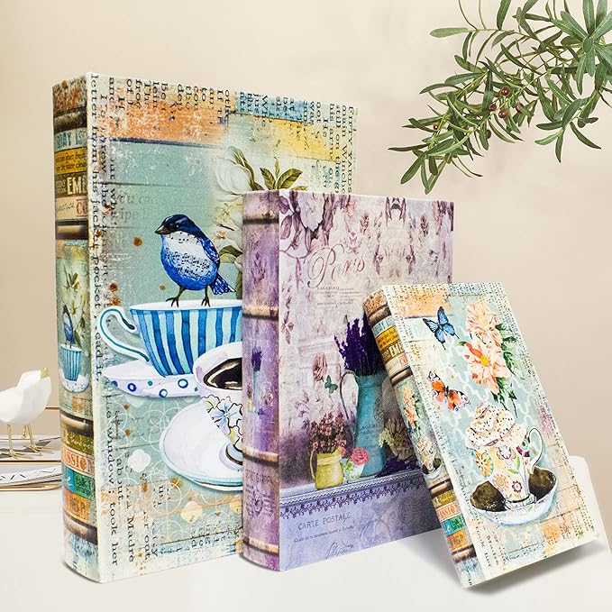 Decorative Book Box Set of 3, Trinket Keepsake Greeting Card Storage Box, Flower Bird Pattern Vintage Coffee Table Decoration, Graduation Gift Idea-Ruum Studio Home
