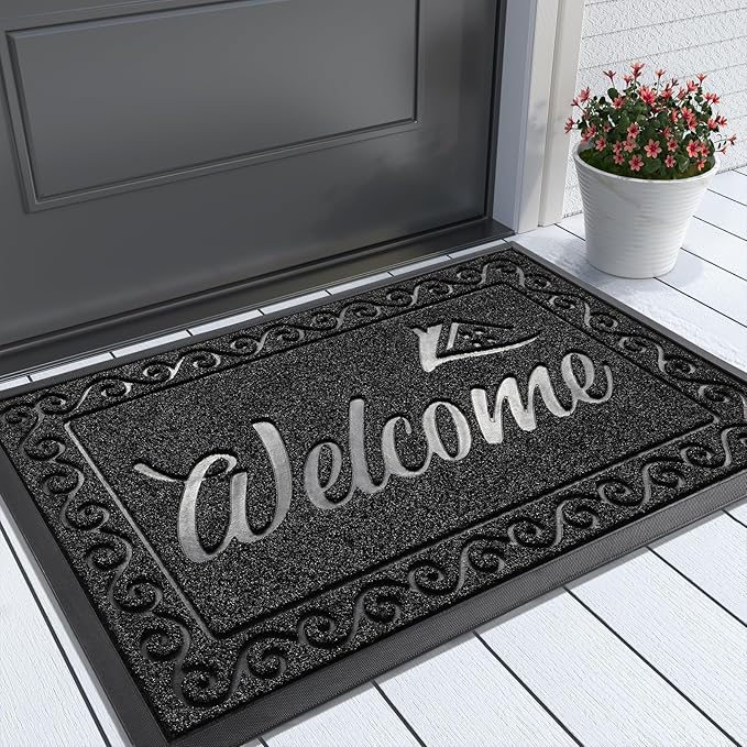 Yimobra Welcome Mat, Heavy Duty Durable Door Mats for Home Entrance Outdoor Indoor, Front Doormat for Outside Patio Floor Entry Porch Garage Office, Waterproof, Low Profile, 29.5 x 17, Black-Ruum Studio Home