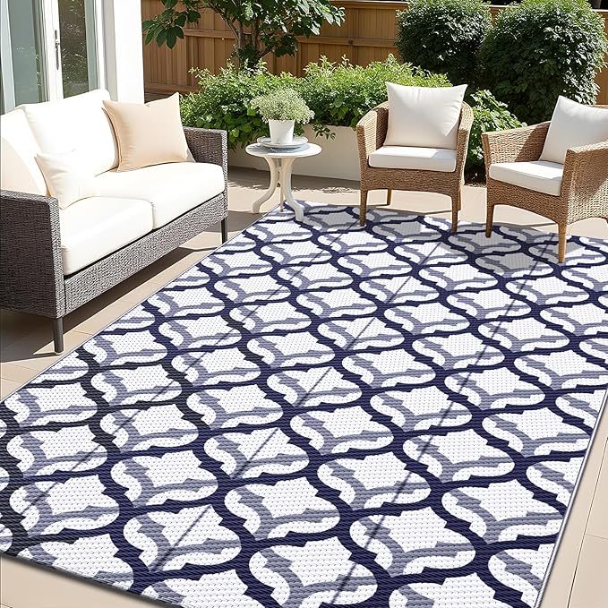OLANLY Reversible Outdoor Rug 5x8 ft Clearance, Waterproof Outdoor Plastic Straw Rug with Interlacing Pattern, RV Mat for Patio, Camping, Balcony, Deck, Backyard, Navy & White-Ruum Studio Home