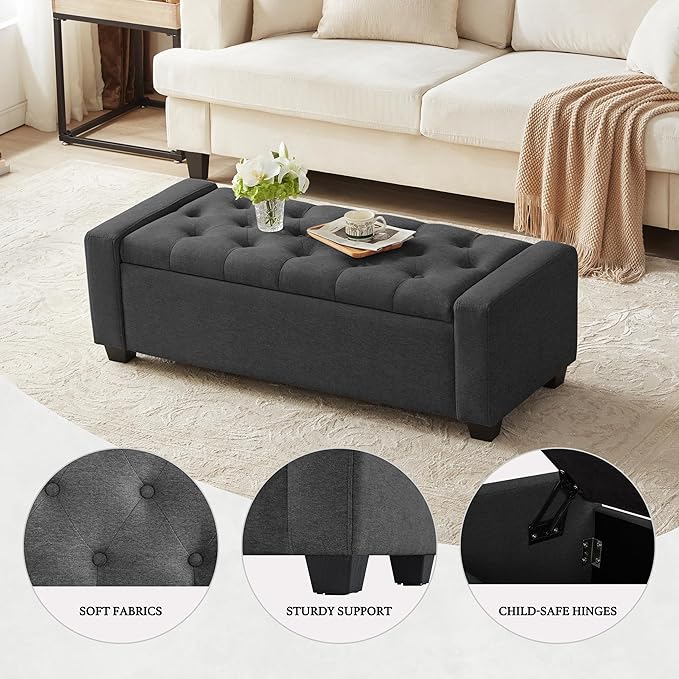 48" Ottoman with Storage, Storage Ottoman Bench with Safety Hinge, Upholstered Entryway Bench with Seating for Bedroom, Living Room, Holds up to 330 lb, Dark Gray-Ruum Studio Home