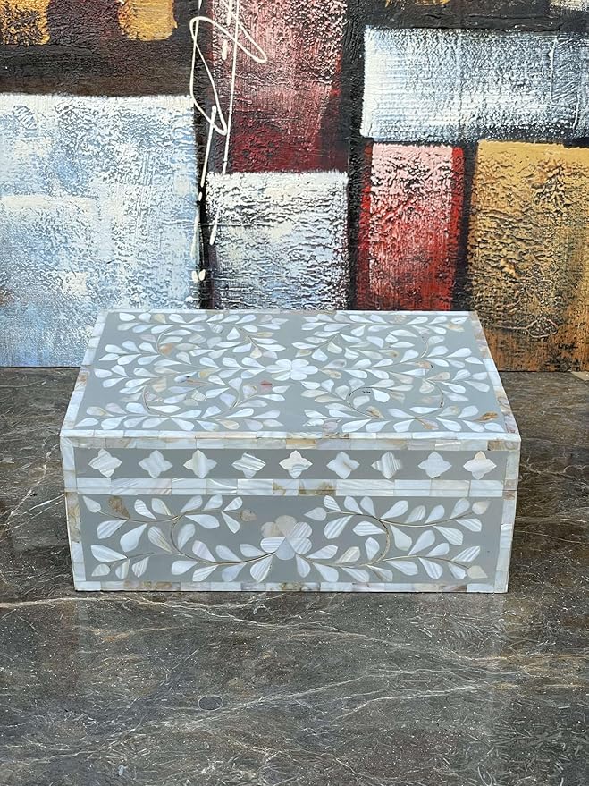 Decorative Wooden Storage Box with Mother of Pearl Inlay – Elegant Floral Design – Perfect for Home Décor in Living Room, Dining Area, or Bedroom (Grey, 12x8x5 inches)-Ruum Studio Home