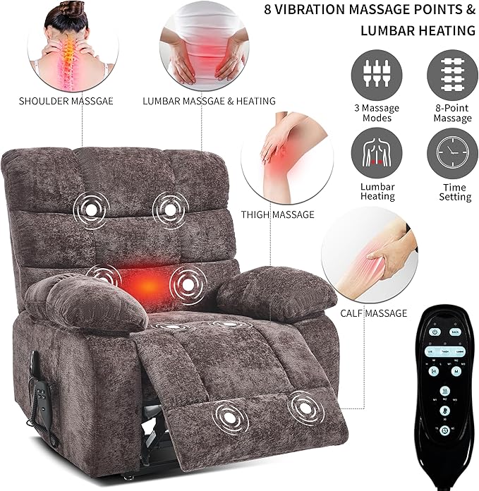 Lay Flat Recliner with Vibration Massage and Lumbar Heating, 26" Wide Recliner with Infinite Position and 2 Remote Controls, Soft Chenille Lift Chair for Living Room, Chocolate-Ruum Studio Home