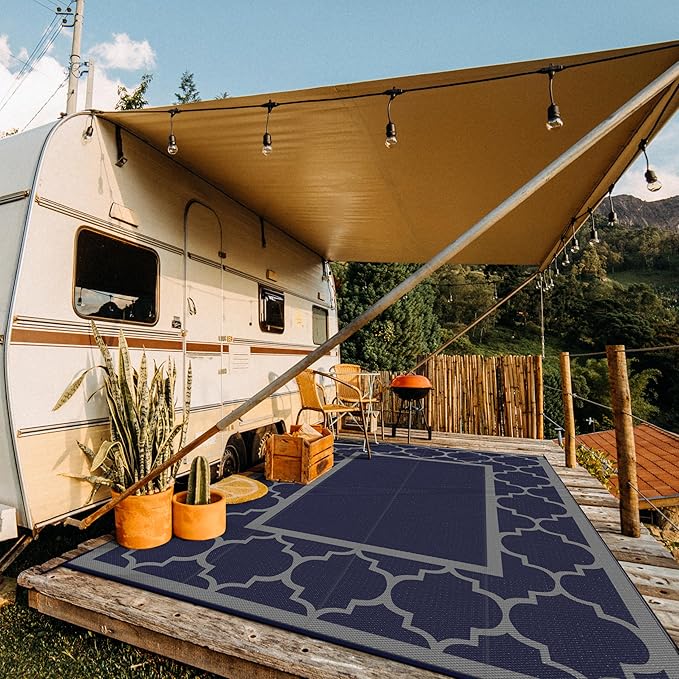 GENIMO 10 ' x 14 ' Outdoor Rug Waterproof for Patio Decor, Foldable Reversible Plastic Straw Area Rugs Mat for Camper, Outside Carpet for Rv, Deck, Porch, Picnic, Beach, Balcony, Blue & Grey-Ruum Studio Home