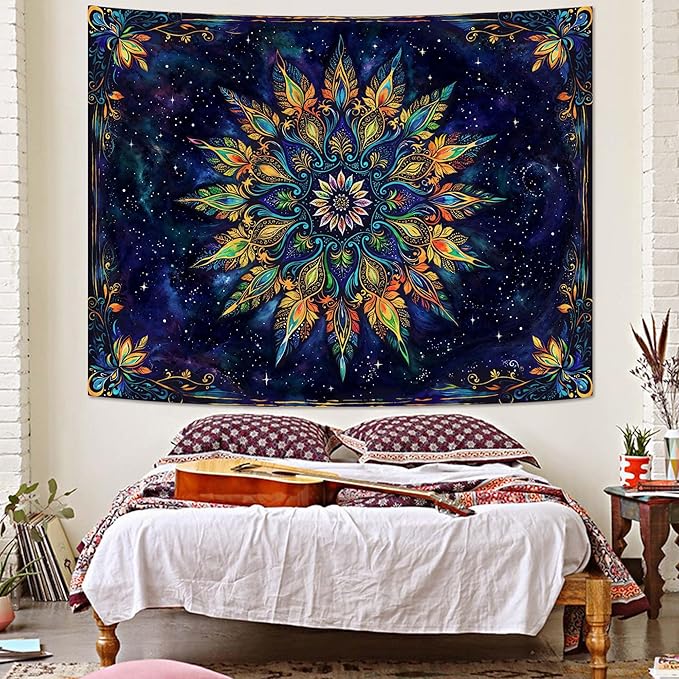 Fowocu Boho Floral Mandala Tapestry for Bedroom Aesthetic Blue Bohemian Colorful Flower Wall Tapestry Purple Hippie Indian Small Tapestries Wall Hanging for Living Room Dorm Decor 60 x 44 Inch-Ruum Studio Home