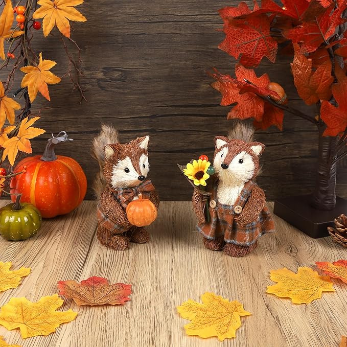 winemana 2 Pack Fall Decor Fox, Thanksgiving Decorations Indoor Sisal Foxes for Home Table Centerpiece Handmade Autumn Woodland Animal Friend Figurines with Pumpkin for Shelf Office Décor-Ruum Studio Home